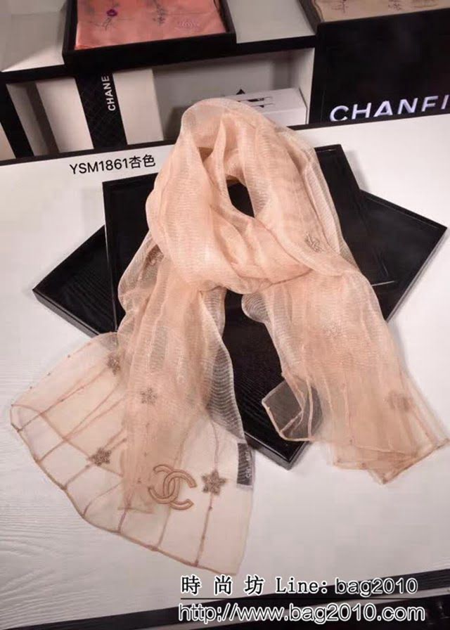 CHANEL香奈兒 2018秋冬專櫃刺繡真絲羊毛長圍巾 YSM1861 LLWJ6168